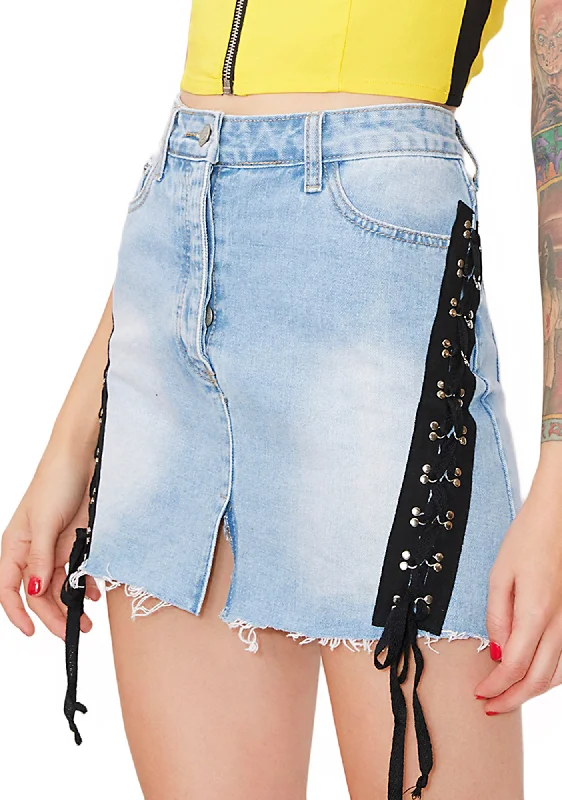 Trend Forward Women's Wear Side Note Lace Up Denim Skirt