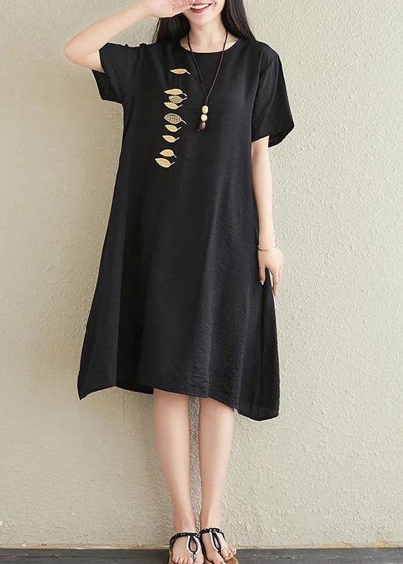 Wardrobe Refresh Vivid o neck embroidery cotton linen dresses Tutorials black Dresses summer