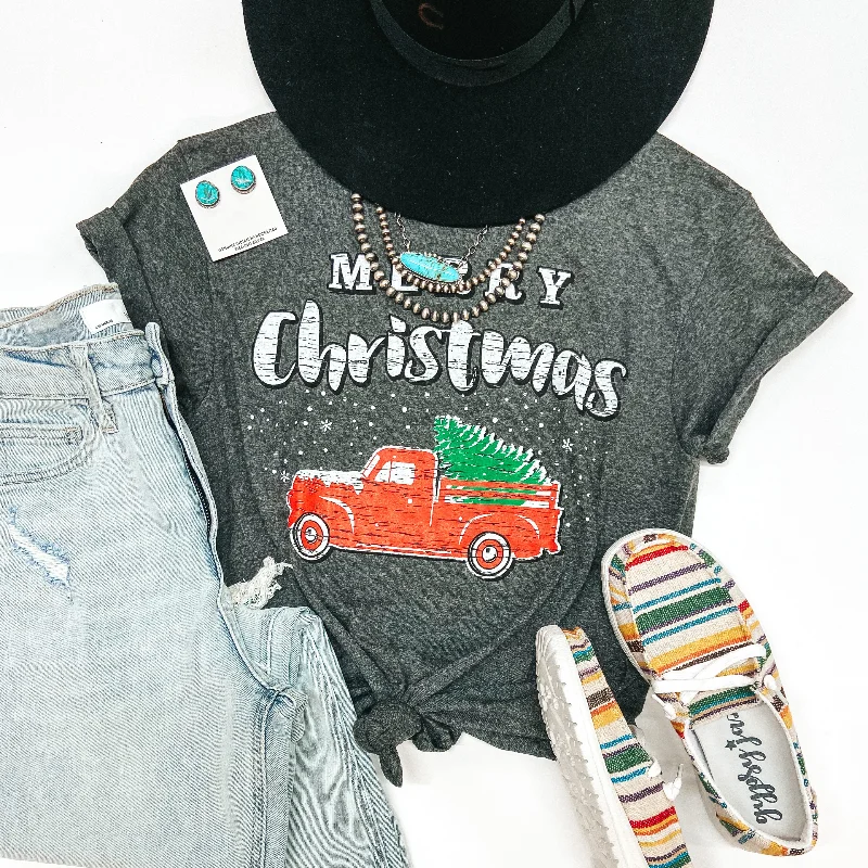 Chic Women's Clothing Online Last Chance Size Small & Large | Merry Christmas Pick Up Truck Short Sleeve Graphic Tee in Charcoal Heather Grey