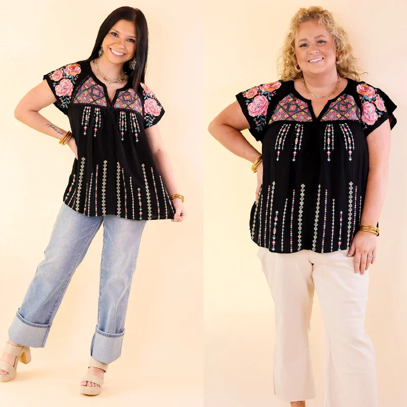 Special Offers, Don't Miss On A Journey Floral Embroidered V Notched Blouse in Black