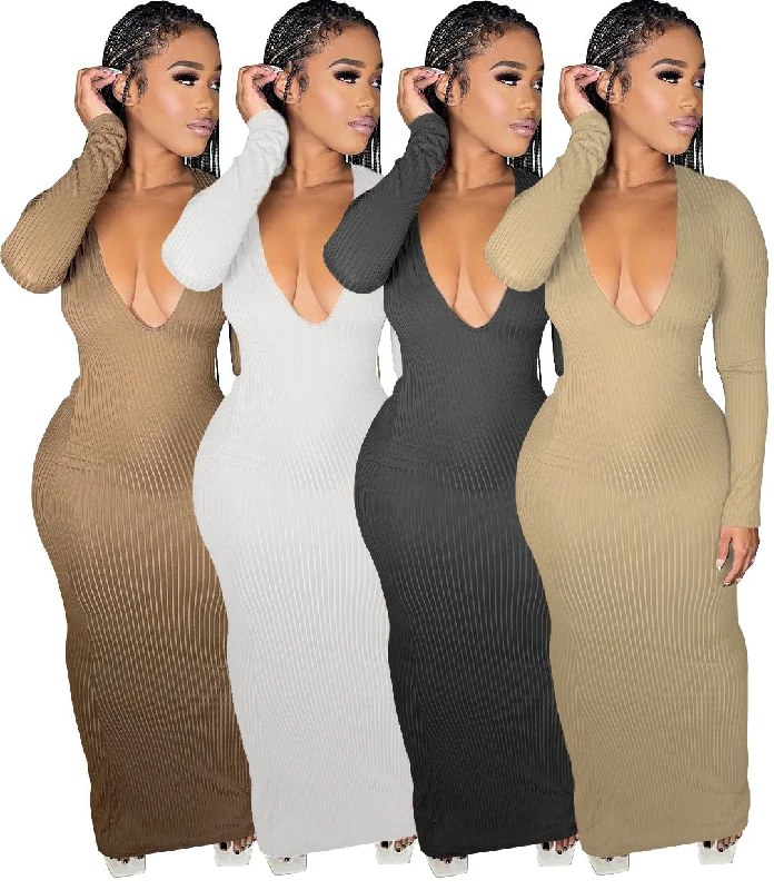 Seasonal Sale Women Dresses Knitted Women Clothing Sweater Dress Deep V Neck Maxi Casual Sexy Knitting Slim Ribbed Dress