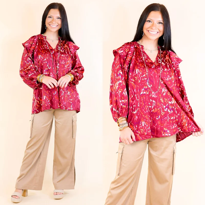 Fashionista Favorites Sweet Charisma Abstract Print Blouse with Notched Neckline in Maroon