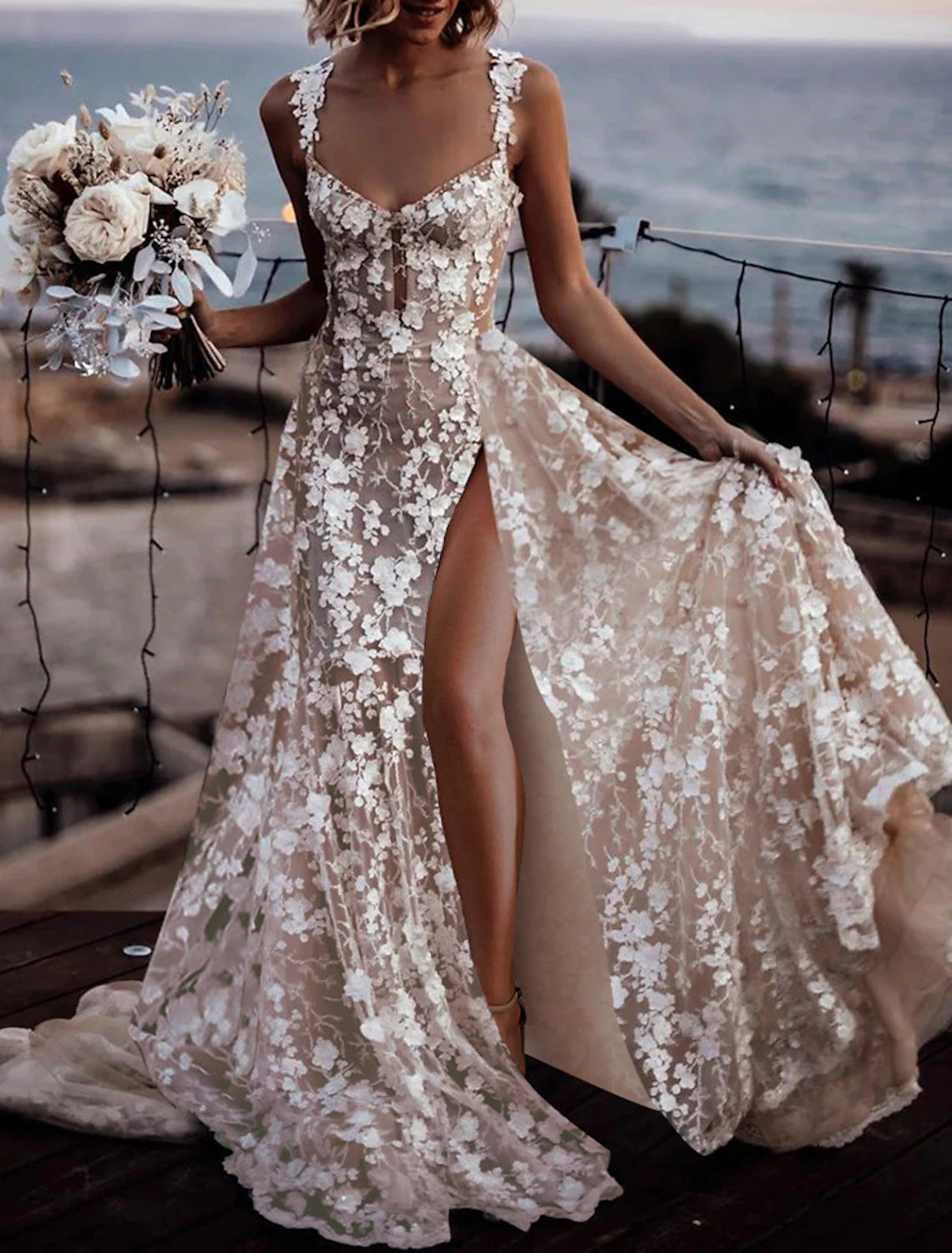 Current Trends Beach Boho Wedding Dresses A-Line Sweetheart Regular Straps Court Train Lace Bridal Gowns With Appliques Split Front