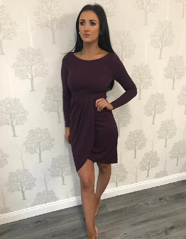 Runway Inspired Wear Purple Long Sleeve Wrap Midi Dress