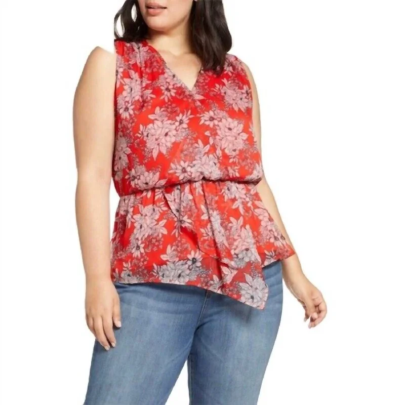 Athleisure Wear Special Offer Floral Print V-Neck Asymmetrical Chiffon Blouse In Red