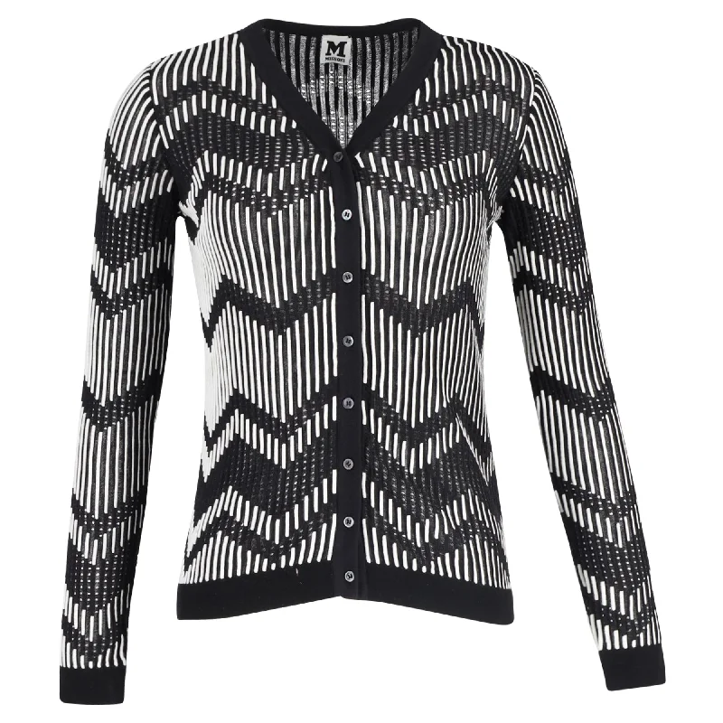 Hot Trends M Missoni Monochrome Patterned Perforated Knit Button Front Cardigan in Black and White Cotton