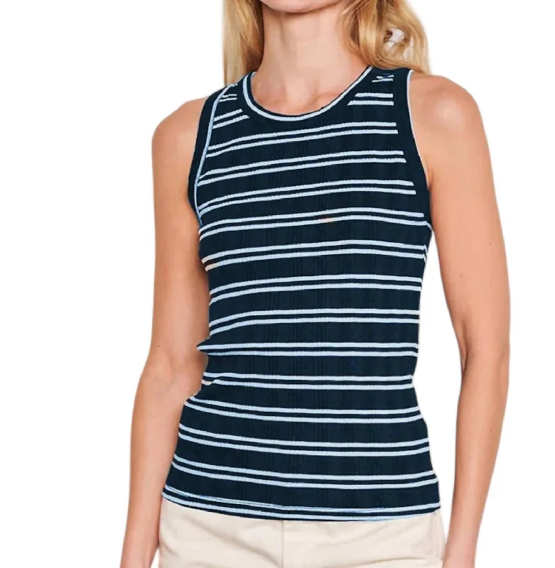 Best Online Women's Boutiques Variegated Rib Stripe High Crew Tank Top In Deep Navy