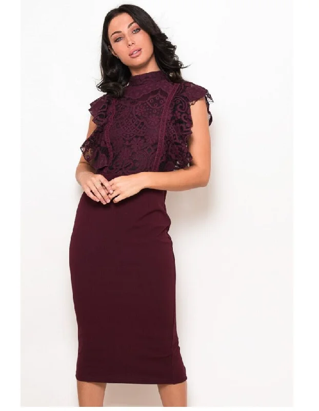 Trendy Women's Collection Jane Wine Lace Frilled Top Midi Dress