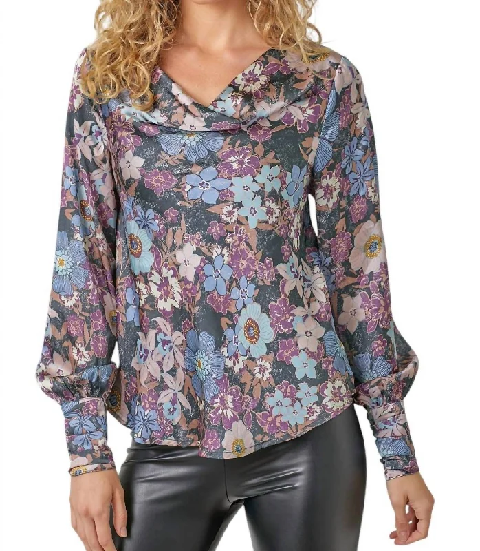 Versatile Wardrobe Essentials Printed Cowl Neck Blouse In Navy