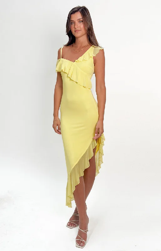 Holiday Glam Everleene Yellow Ruffle Mesh Midi Dress