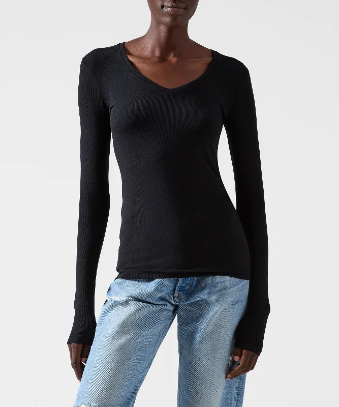 Redefining Women's Fashion Modal Rib Long Sleeve V-Neck Tee - Black