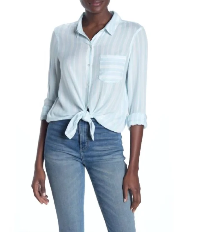 Bid Farewell To The Old Season Striped Tie Front Long Sleeve Weekend Button Down Blouse In Blue