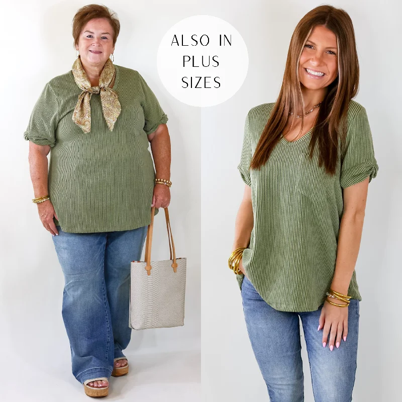 Chic & Cozy Apparel Only True Love Ribbed Short Sleeve Top with Front Pocket in Olive Green