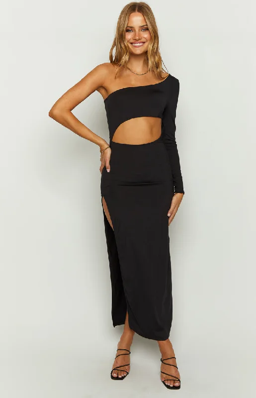 Online Boutiques Maxine Black One Shoulder Midi Dress