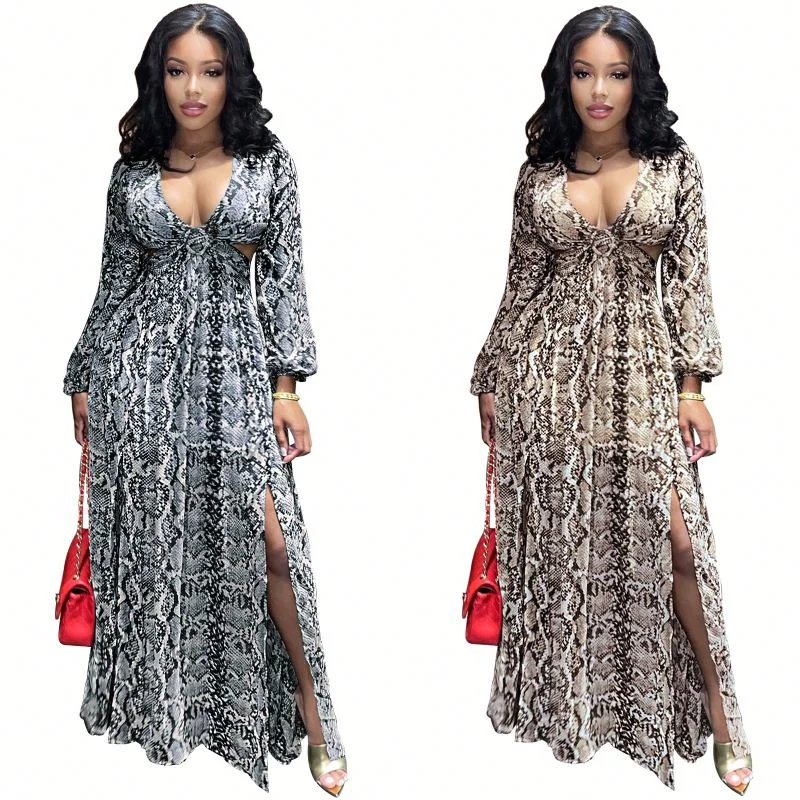 Runway Inspired Wear maxi v neck split dress women bodycon snake print sexy split long prom dress