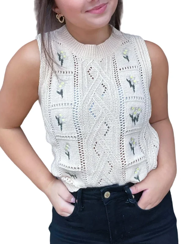 Exclusive Online Sale Flower Embroidered Sleeveless Sweater In Ivory