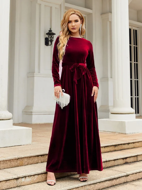 Limited Time Deal Tie Front Round Neck Long Sleeve Maxi Dress