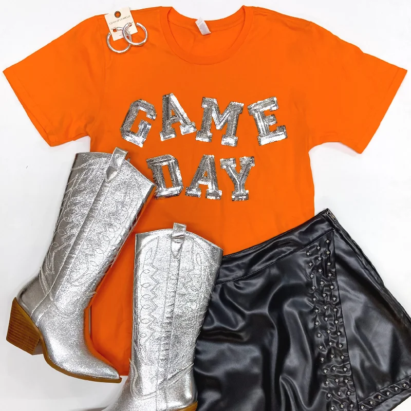 Women Apparel Gameday Silver Sequin Letter Short Sleeve Graphic Tee in Orange