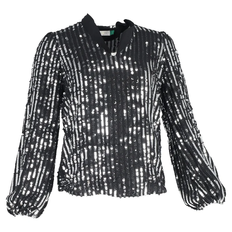 Woman Clothing Rixo Moss Stripe Peasant Blouse in Black Sequins