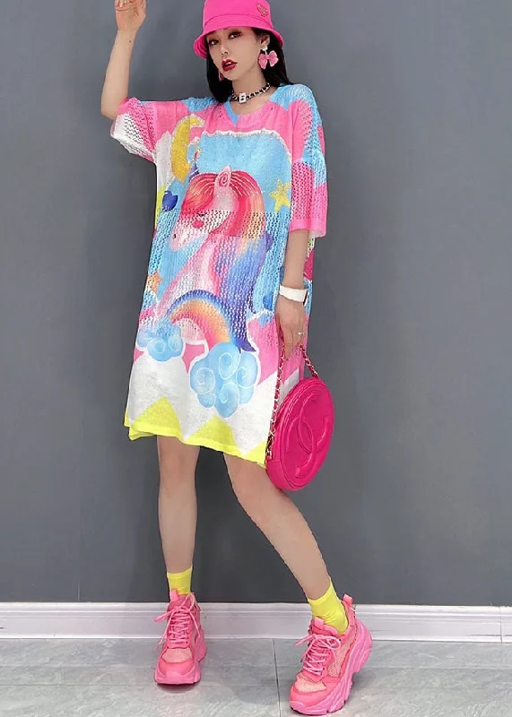 Women's Online Clothing Boutique Women Pink O-Neck Horse Print Oversized Vacation Dress Short Sleeve