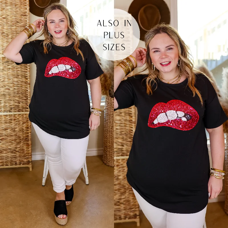 Trendy Women's Dresses Online Rock All Night Sequin Mouth Graphic Tee in Black