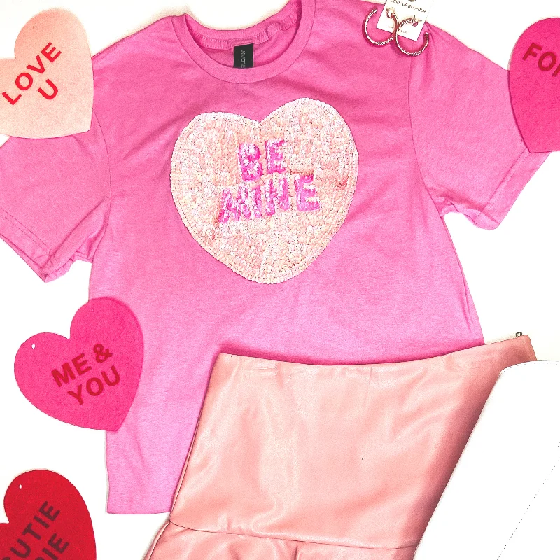 Luxury Women's Fashion Be Mine Sequin Heart Short Sleeve Graphic Tee in Pink