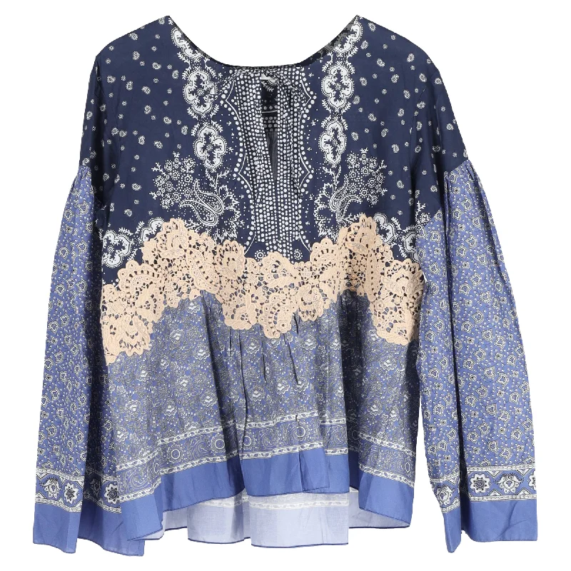 Designer Women's Fashion Online Chloé Lace Appliquéd Printed Blouse in Blue Cotton