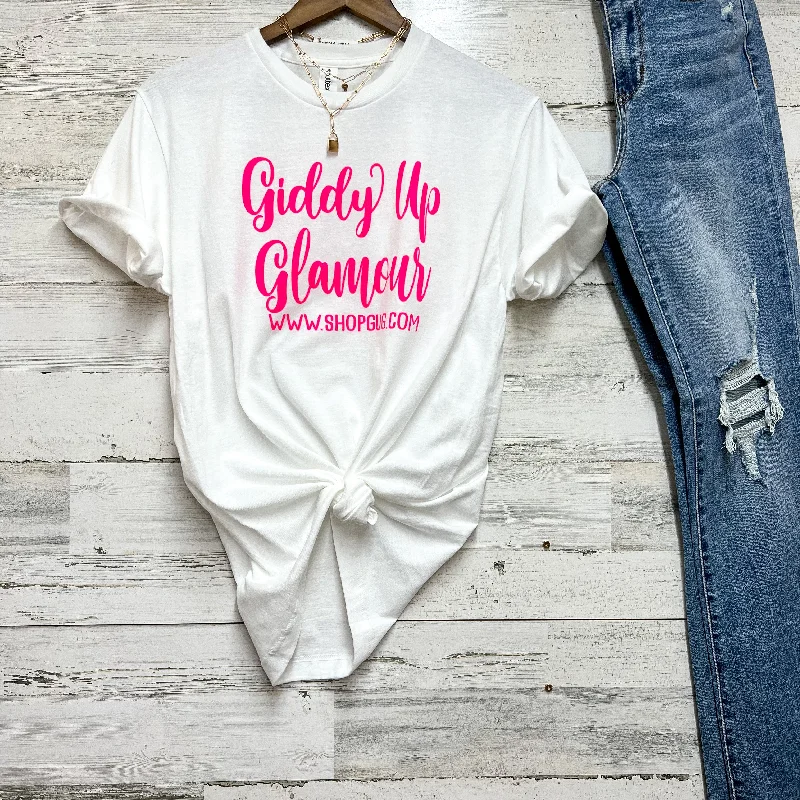 Casual and Comfortable Outfits Black Friday Free Gift | Giddy Up Glamour Pink Graphic Logo Tee in White