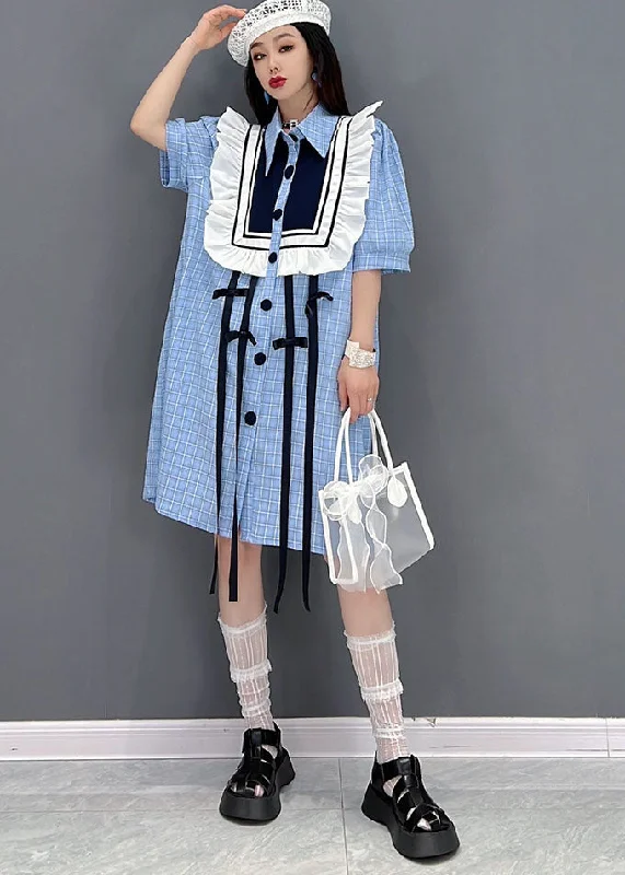 Stylish Women's Clothes for Work and Play Modern Blue Peter Pan Collar Patchwork Ruffles Plaid Cotton Maxi Dresses Short Sleeve