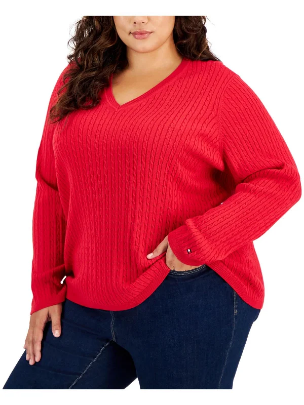 Valentine's Special Plus Womens Cable Knit Long Sleeve V-Neck Sweater