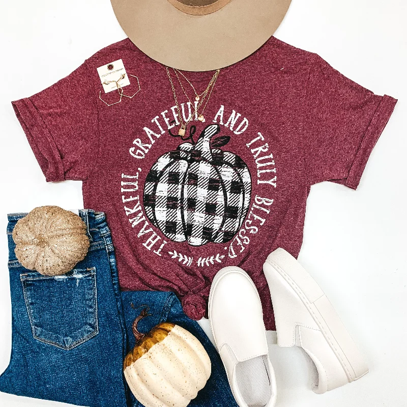 Clothes Women Thankful, Grateful, and Truly Blessed Short Sleeve Graphic Tee in Heather Maroon