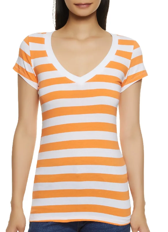 Exclusive Discount Striped Pattern V Neck T Shirt