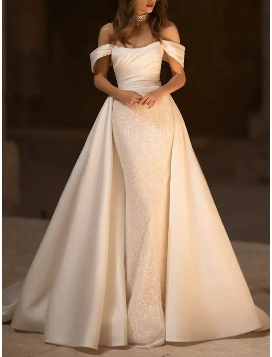 Unbeatable Deals Formal Wedding Dresses Mermaid / Trumpet Off Shoulder Sleeveless Court Train Satin Bridal Gowns With Pleats Solid Color