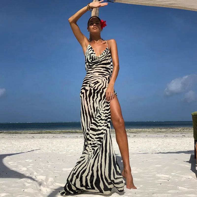 Comfortable Chic ANSKZTN Women Casual Zebra Stripe Print Sexy  Party Club Wear evening Slimming Spaghetti Strap Slit Maxi Dress