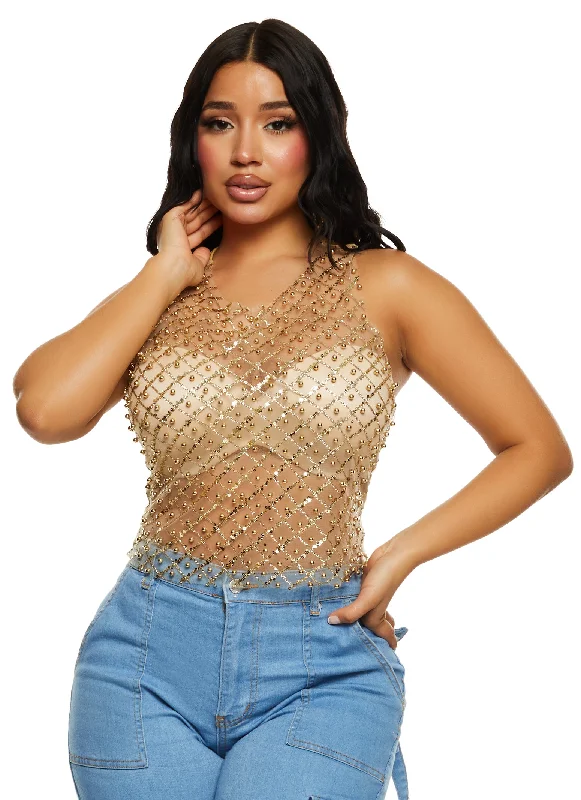 Women's Clothing Beaded Mesh Tank Top