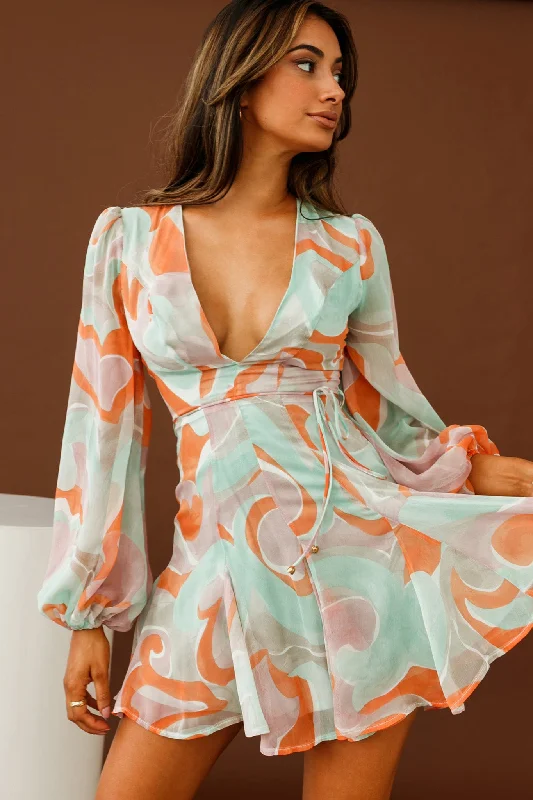 Limited Edition Estelle Long Sleeve V-Neckline Dress Swirl Print Orange/Mint