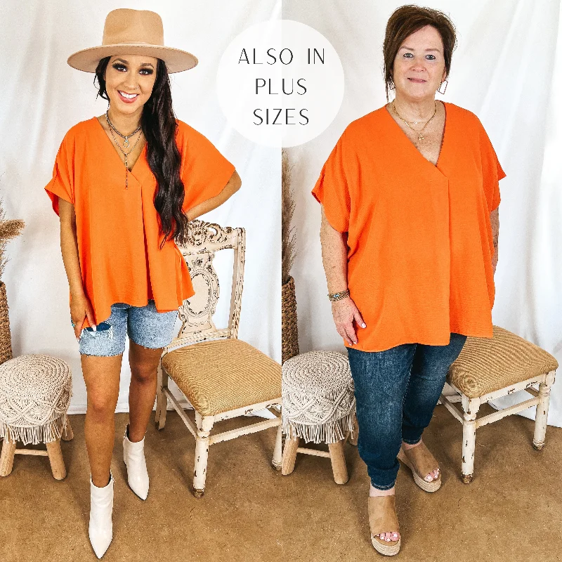 Women's Fashion Clothing Last Chance Size XL & 1XL | Weekend Out V Neck Placket Short Sleeve Top in Orange