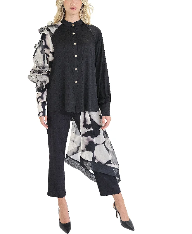 Sporty Streetwear Blouse w/ Printed Ruffle Sleeve