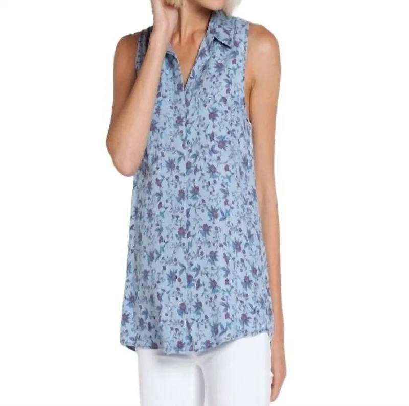 Save Big Summer Petals Sleeveless Button Down Top In Blue Denim