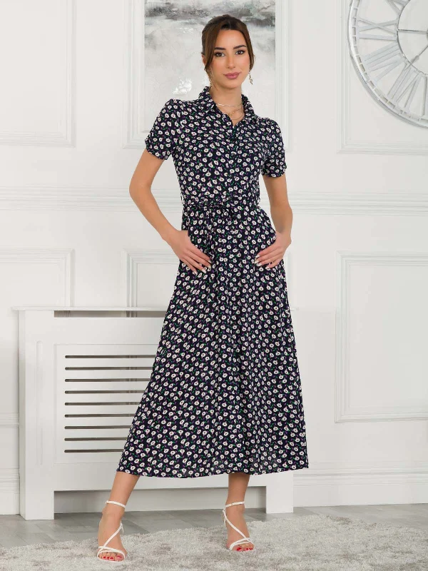 Chic Casual Style Danni Shirt Midi Dress, Navy Floral