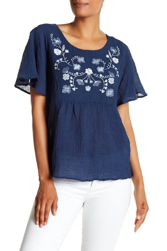 Season Appropriate Women's Collection Short Sleeve Crinkle Embroidery Blouse In High Tide Blue