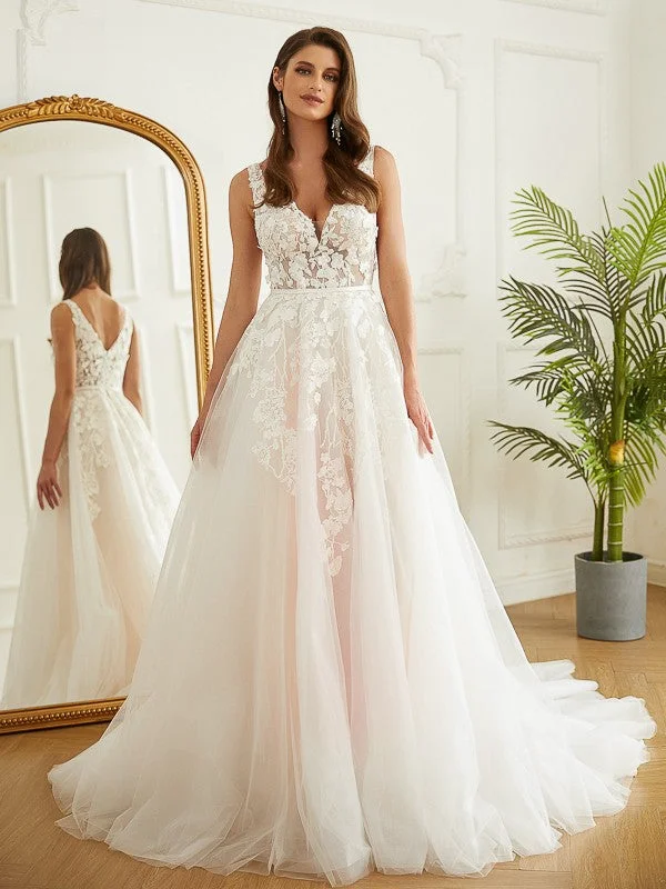 Casual Chic Clothing A-Line/Princess Tulle Applique V-neck Sleeveless Chapel Train Wedding Dresses