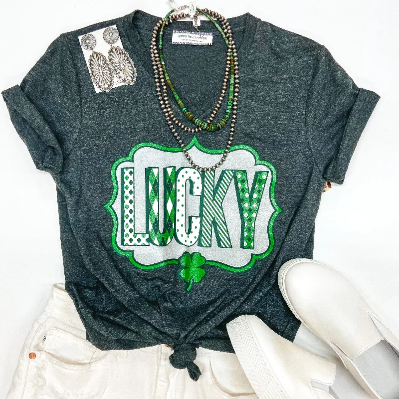 Laid-Back Elegance Lucky Short Sleeve Tee Shirt in Charcoal Grey