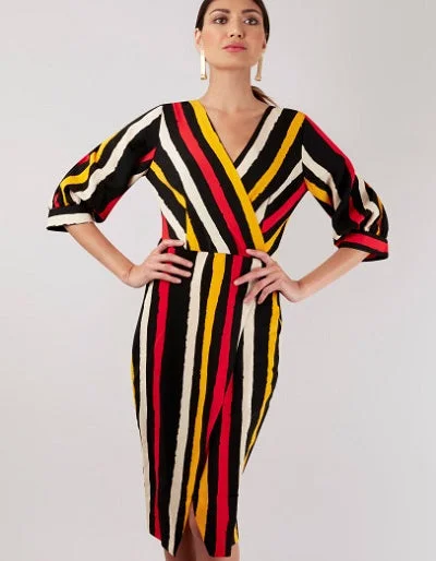 Chic Wardrobe Essentials Marie Black Multi Stripe Wrap Style Dress