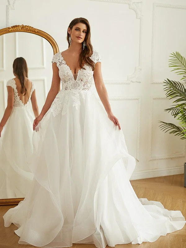 Stylish Looks A-Line/Princess Organza Lace V-neck Short Sleeves Court Train Wedding Dresses