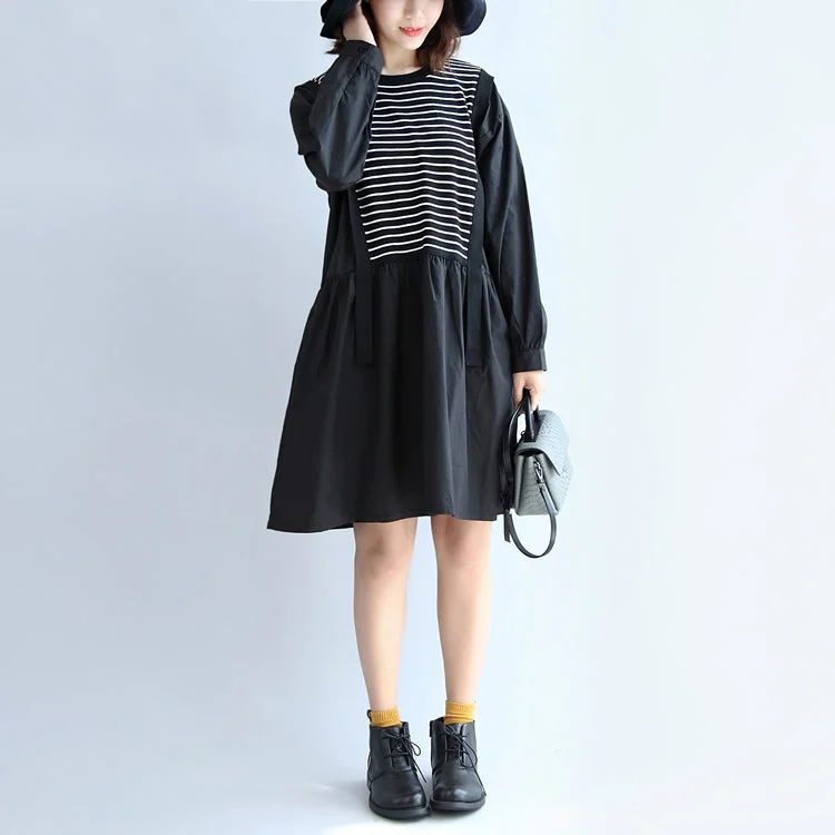 Fashion Essentials 2024 dark striped knit patchwork cotton dresses plus size o neck casual dress