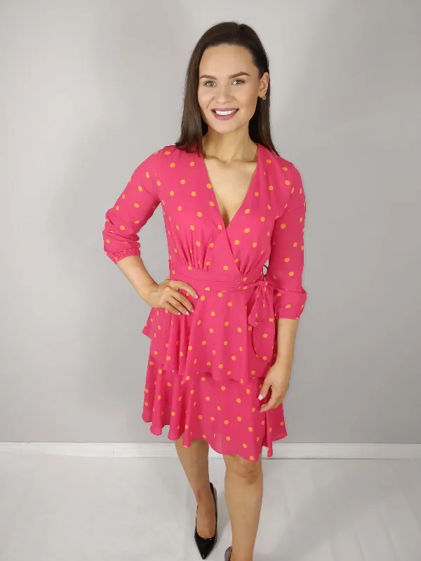 The Latest Trends Saskia Cerise Pink Polka Dot Frilled Midi Dress