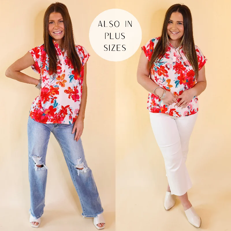 Exclusive Online Sale Summer Lover Floral Half Button Up Top with Short Sleeves in Red Mix