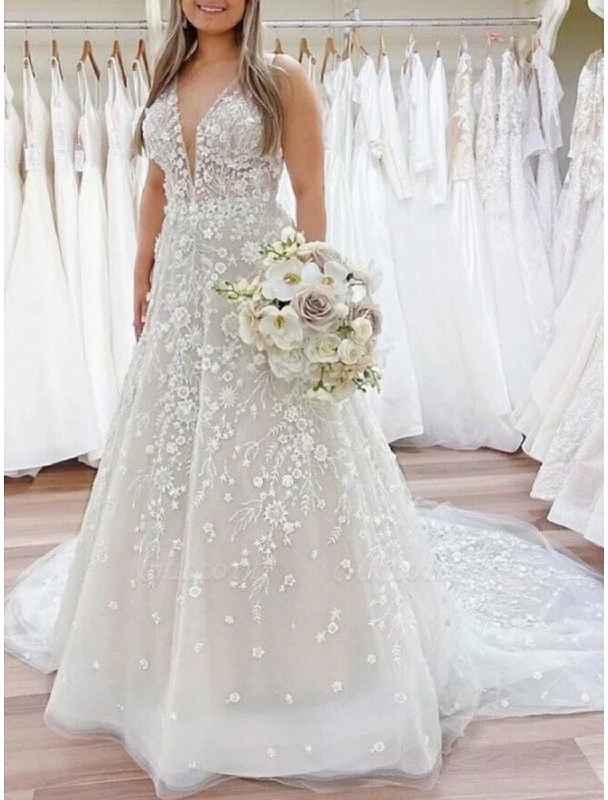 Laid-Back Elegance Beach Formal Wedding Dresses A-Line V Neck Sleeveless Court Train Lace Bridal Gowns With Pleats