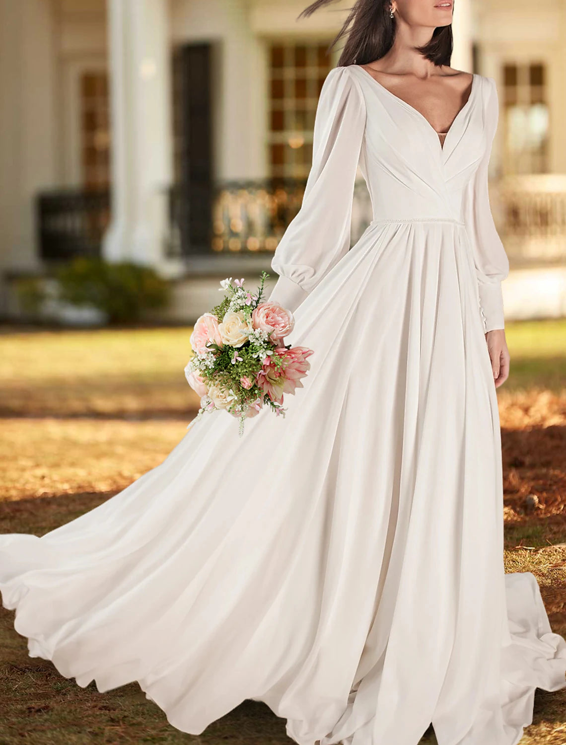 Weekend Exclusive Casual Wedding Dresses A-Line V Neck Long Sleeve Sweep / Brush Train Chiffon Bridal Gowns With Pleats